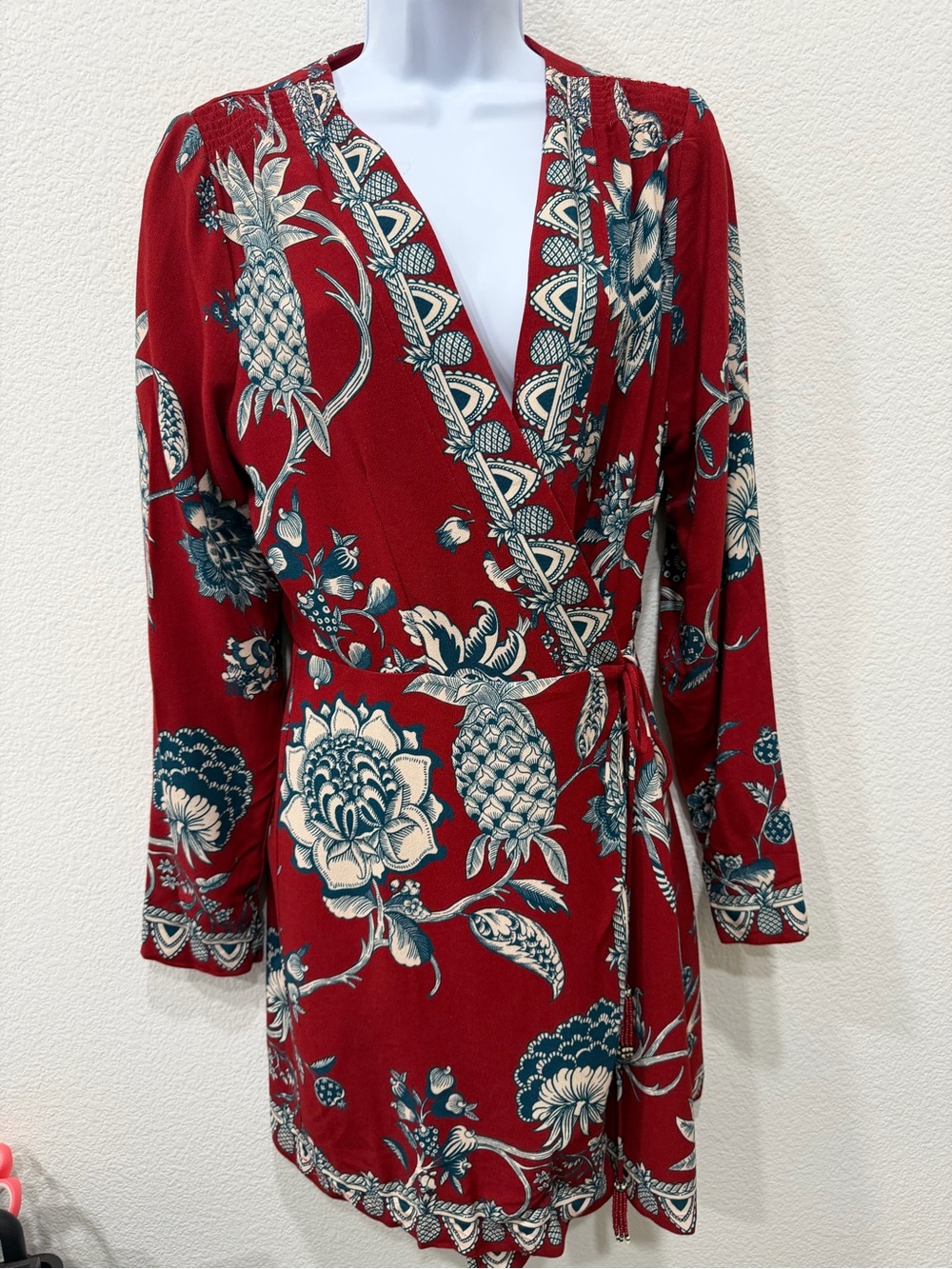 FARM Rio Red Floral & Pineapple Wrap Dress/Top $125 size M